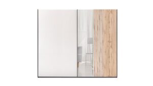 Evora Slatted Mirrored Sliding Wardrobe 250cm front view, Cashmere door and mirrored door with Oak Wotan slats