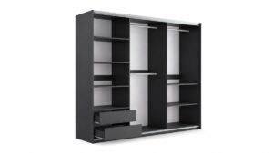 Evora Slatted Mirrored Sliding Wardrobe 250cm interior with doors removed showing two drawers, shelves and hanging rails