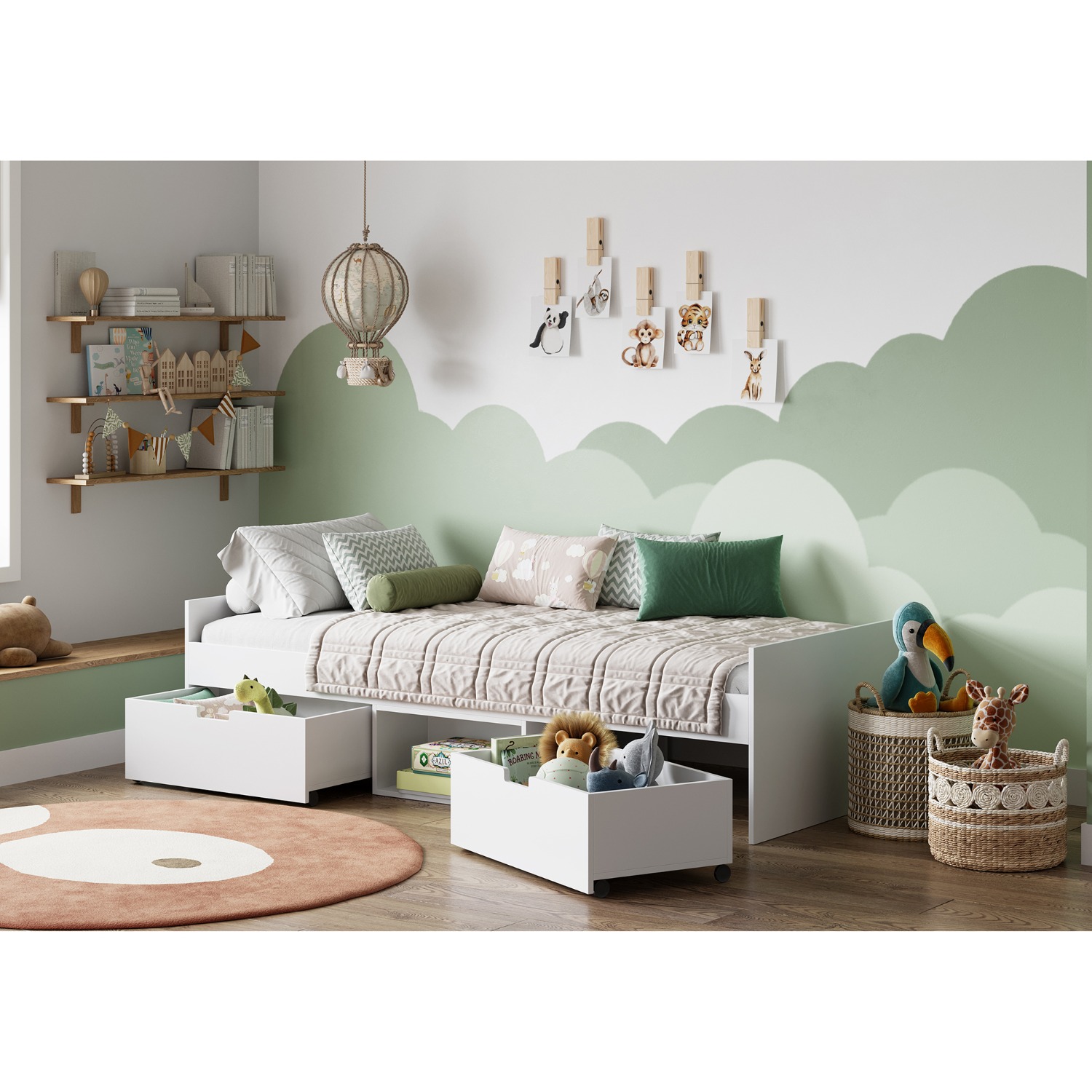 Kudl Flash white cabin bed in a child's room with both drawers pulled out and full of toys
