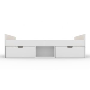 Front of the Kudl Flash white cabin bed with two closed drawers and an open middle cube