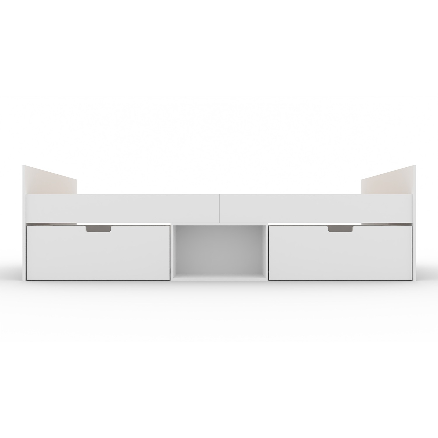 Front of the Kudl Flash white cabin bed with two closed drawers and an open middle cube