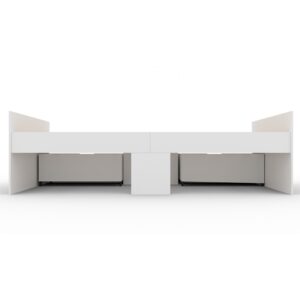 Kudl Flash white cabin bed with the drawers pushed in, showing the castors beneath