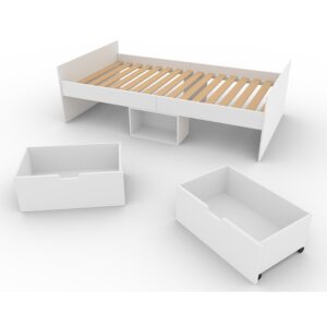 Kudl Flash cabin bed frame with slatted base and the two white drawers on castors shown separately