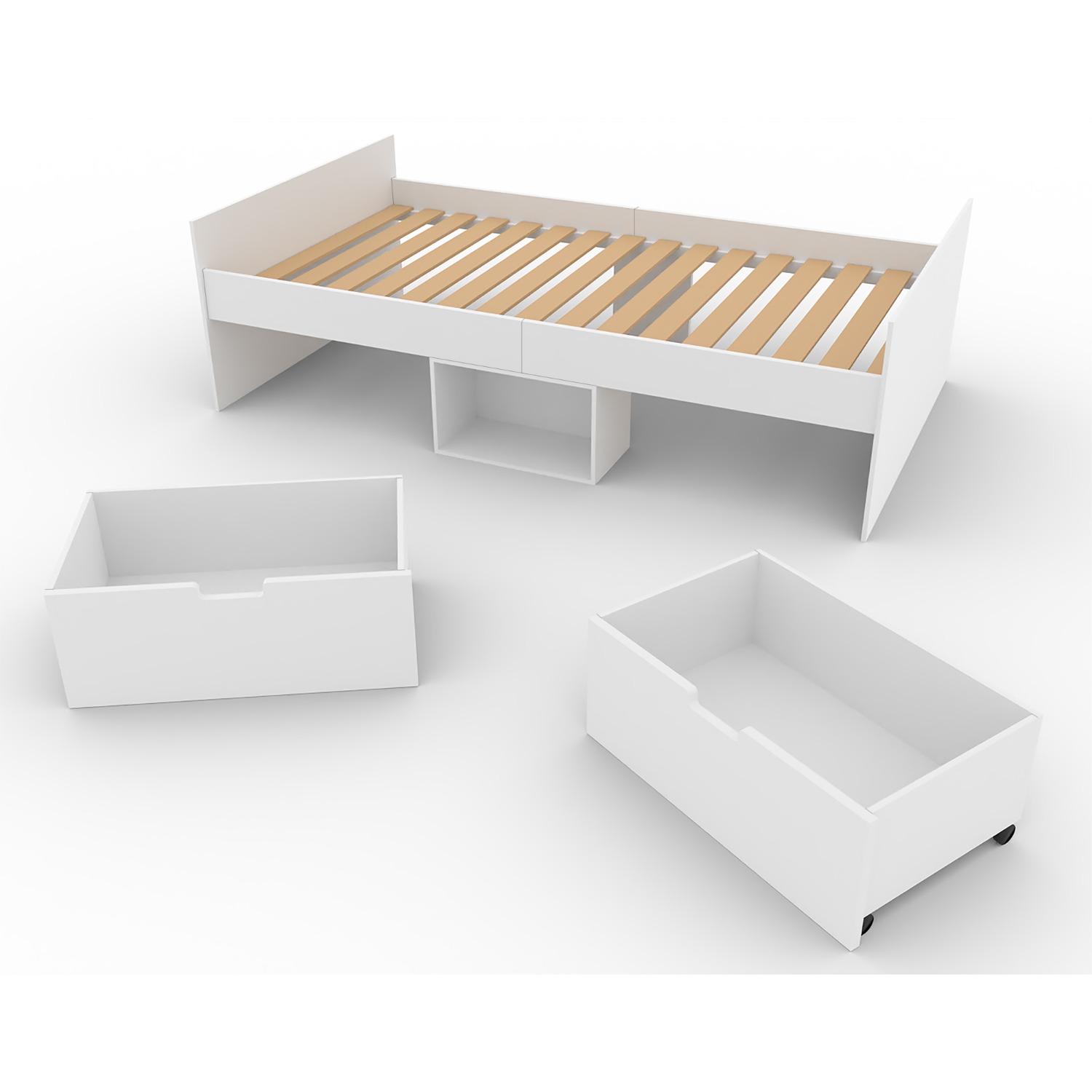 Kudl Flash cabin bed frame with slatted base and the two white drawers on castors shown separately