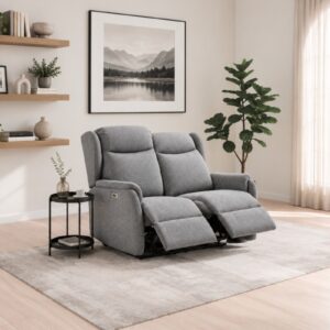 Fletcher 2 seater recliner sofa in Zeus Grey textured weave with both footrests raised, in a living room