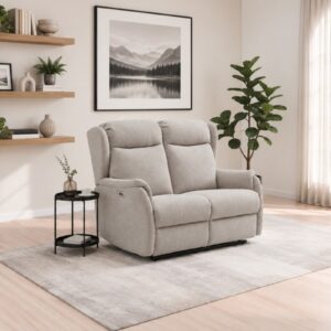 Fletcher 2 seater recliner sofa in Ambros Taupe textured chenille, upright, styled in a living room