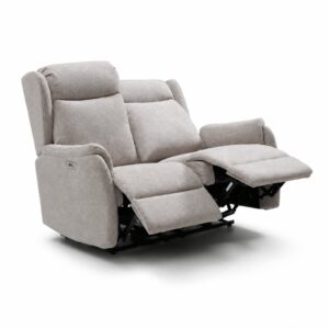 Fletcher recliner sofa in Ambros Taupe chenille with both seats reclined, three-quarter view