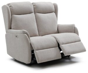 Fletcher 2 seater recliner sofa in Ambros Taupe chenille with both footrests raised, front view