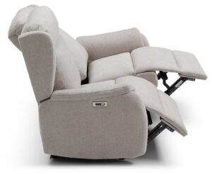 Side view of the Fletcher recliner sofa in Ambros Taupe, reclined, showing the arm control and footrest