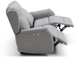 Side view of the Fletcher recliner sofa in Zeus Grey, reclined, showing the arm control and footrest