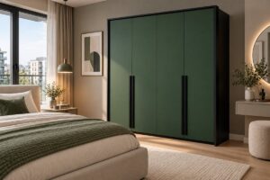 Genua 4 door wardrobe in Bottle Green with black frame in a bedroom
