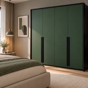 Genua 4 door wardrobe in Bottle Green with black frame in a bedroom