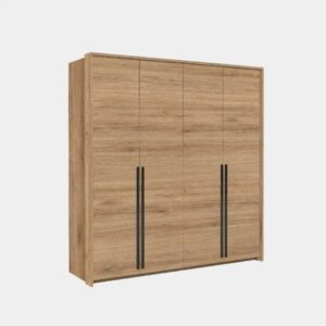 Genua 210cm wardrobe in Oak Wild with black bar handles, angled view