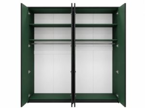 Bottle Green Genua 4 door wardrobe open, showing two rails with shelves above