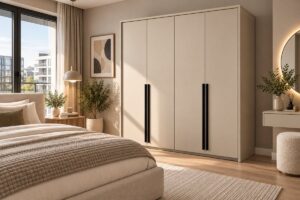 Genua 4 door wardrobe in Sand Beige with black bar handles in a bedroom