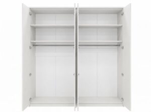 White Matt Genua 4 door wardrobe with doors open, showing the two hanging sections