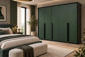 Genua 5 door wardrobe in Bottle Green with black frame in a modern bedroom