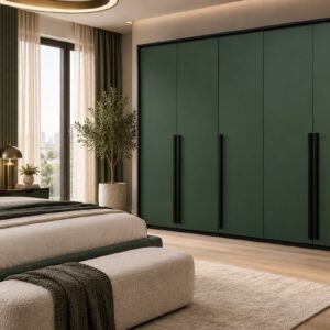 Genua 5 door wardrobe in Bottle Green with black frame in a modern bedroom