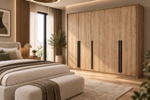 Genua 5 door wardrobe in Oak Wild wood effect in a bedroom