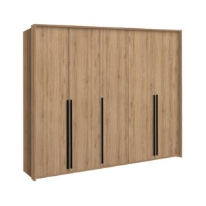 Genua 255cm wardrobe in Oak Wild with black bar handles, angled view