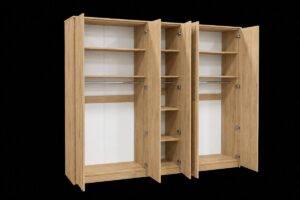 Oak Wild Genua 5 door wardrobe open, showing hanging rails and shelves