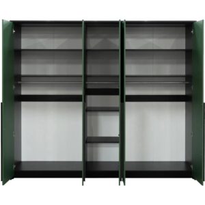 Genua 5 door wardrobe in Bottle Green with doors open, showing rails and shelves