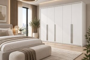 Genua 5 door wardrobe in White Matt in a bedroom with an upholstered bed