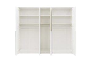 White Matt Genua 5 door wardrobe open, showing two hanging sections and centre shelving