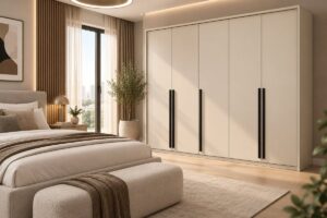 Genua 5 door wardrobe in Sand Beige with black handles in a neutral bedroom