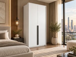 Genua 2 door wardrobe in White Matt beside a bed in a city-view bedroom