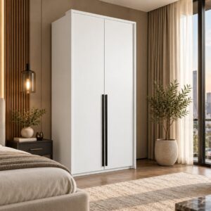Genua 2 door wardrobe in White Matt beside a bed in a city-view bedroom