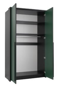 Bottle Green Genua 2 door wardrobe open, showing black interior with rail and shelves