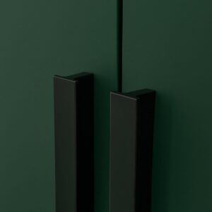 Close-up of the black bar handles on the green Genua wardrobe doors