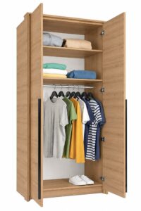 Oak Wild Genua 2 door wardrobe open with folded clothes and hanging shirts