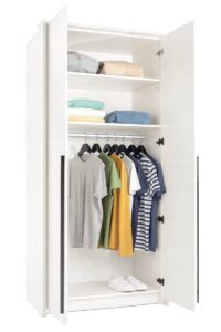 White Matt Genua 2 door wardrobe open with clothes on the rail and shelves
