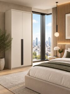 Genua 2 door wardrobe in Sand Beige in a bedroom with large windows