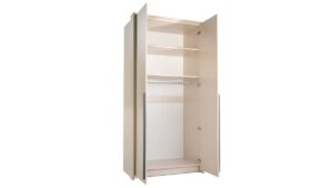 Sand Beige Genua 2 door wardrobe open, showing the rail and two shelves