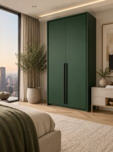 Genua 2 door wardrobe in Bottle Green with black frame in a bedroom