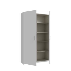 Home Nook 2 Door Hinged Wardrobe 120cm doors open, angled view of the wide shelf column, White