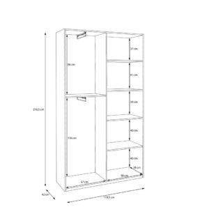 Home Nook 2 Door Hinged Wardrobe 120cm interior dimension drawing with compartment heights, White