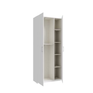 Home Nook 2 Door Hinged Wardrobe 89cm doors open, angled view of the shelf compartments, White