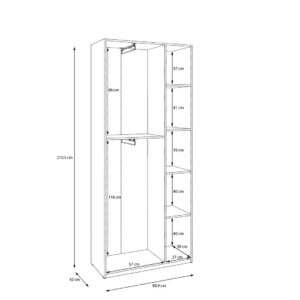 Home Nook 2 Door Hinged Wardrobe 89cm interior dimension drawing with compartment heights, White