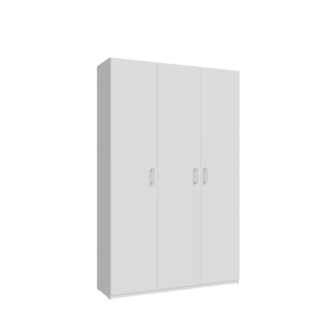Home Nook 3 Door Hinged Wardrobe 133cm angled view, doors closed, White