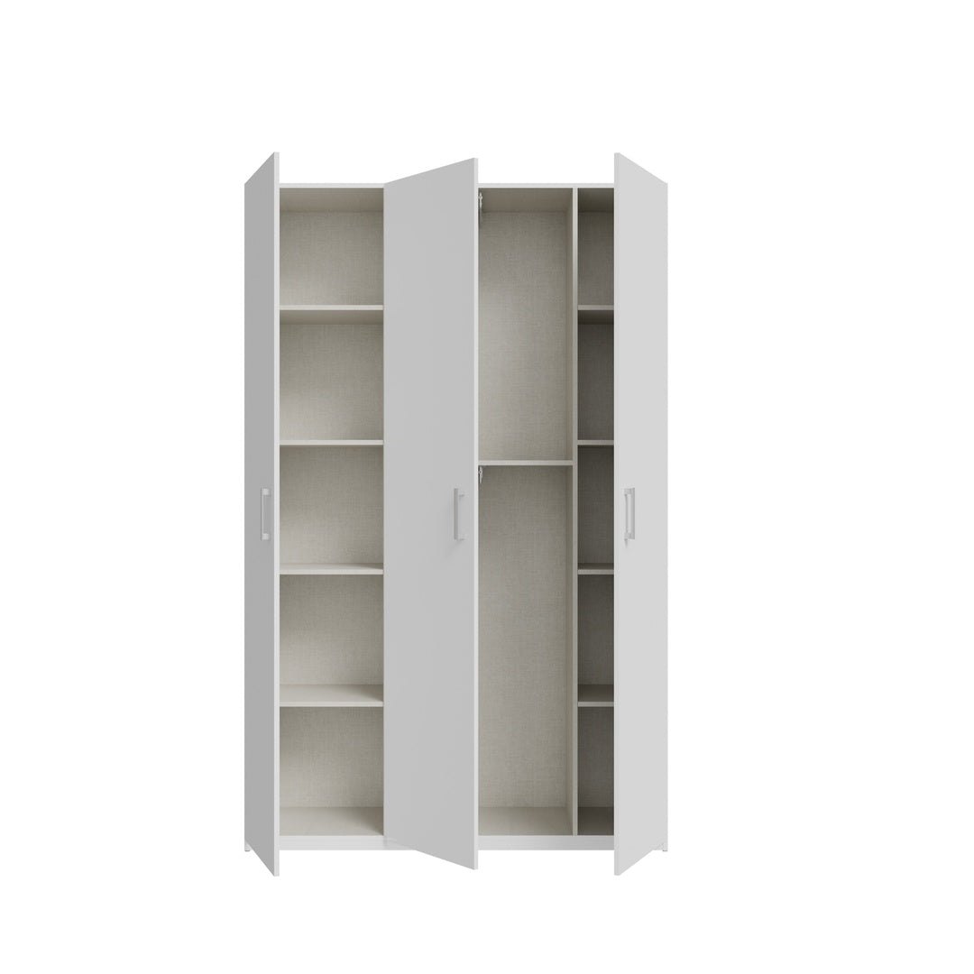 Home Nook 3 Door Hinged Wardrobe 133cm doors open showing the centre hanging bay and side shelves, White