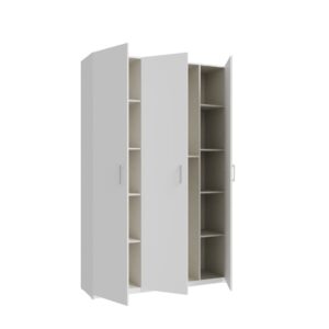 Home Nook 3 Door Hinged Wardrobe 133cm doors open, angled view of the shelf columns, White