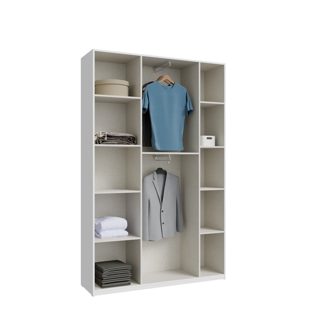Home Nook 3 Door Hinged Wardrobe 133cm interior styled with hanging shirts, folded clothes and boxes, White