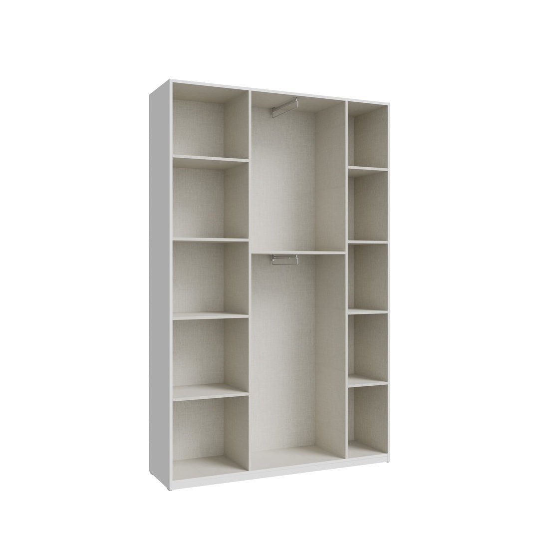 Home Nook 3 Door Hinged Wardrobe 133cm empty interior showing the centre hanging tiers and two shelf columns, White