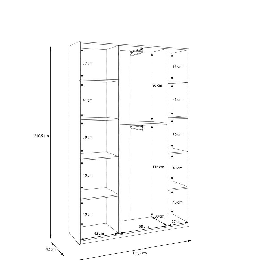 Home Nook 3 Door Hinged Wardrobe 133cm interior dimension drawing with compartment widths and heights, White