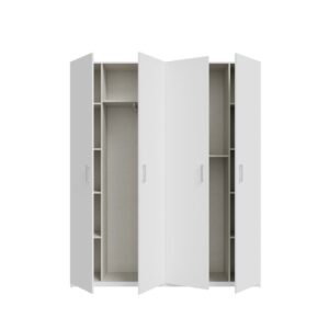 Home Nook 4 Door Hinged Wardrobe 178cm doors open showing the hanging bays and end shelf columns, White