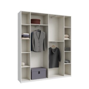 Home Nook 4 Door Hinged Wardrobe 178cm interior styled with a long coat, jackets, folded clothes and boxes, White
